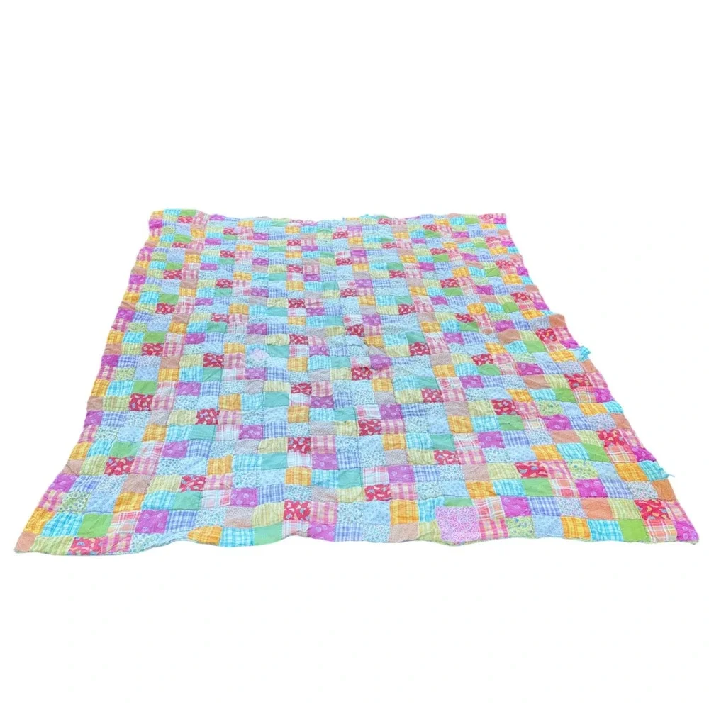 Vintage Handmade Patchwork Puff Quilt 65x76 Cottage Floral Plaid Cutter Quilt